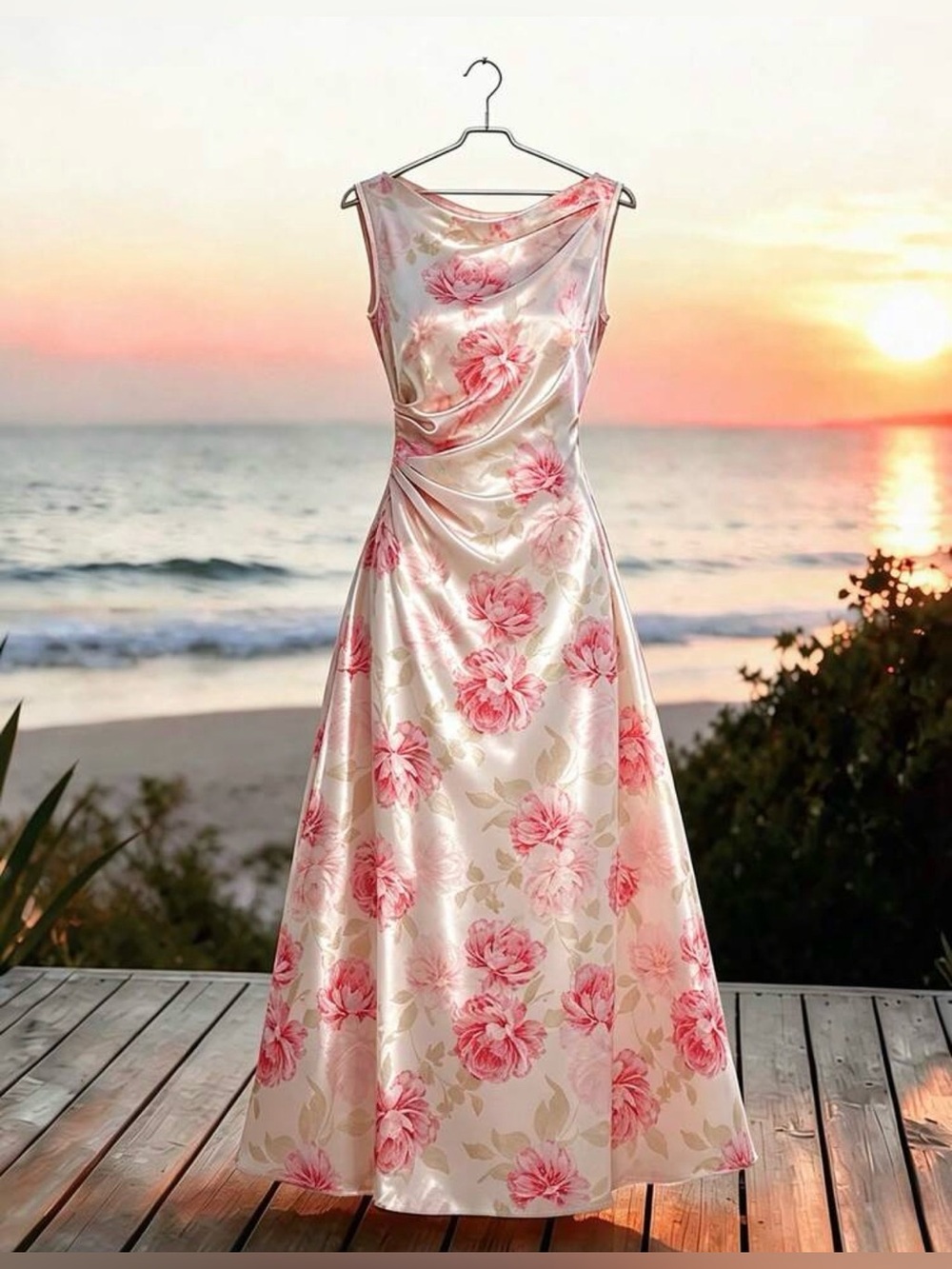 Floral Satin A-Line Maxi Dress in Pink and Cream